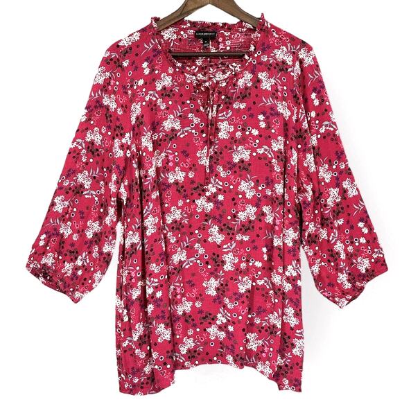 Lane Bryant Sheer Blouse Top Women 18 Pink Floral 3/4 Sleeve‎ Rayon Y19 - Picture 1 of 13
